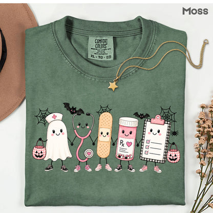 Pink Spooky Nurse Squad Halloween T-Shirt, Ghost Stethoscope Medical Bandage Tee