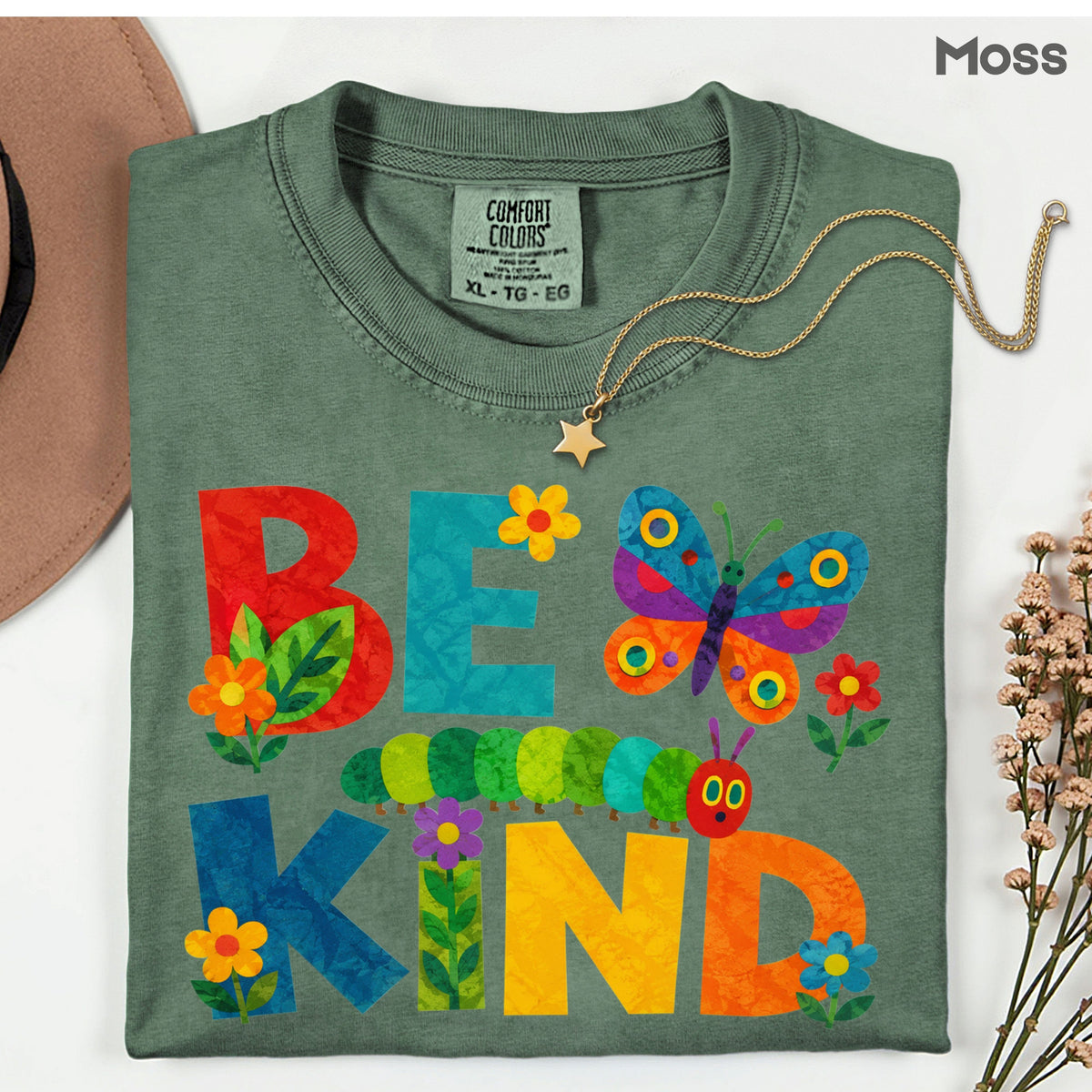 Be Kind Caterpillar Butterfly T-Shirt, Colorful Flowers Storybook Teacher Comfort Color Tee