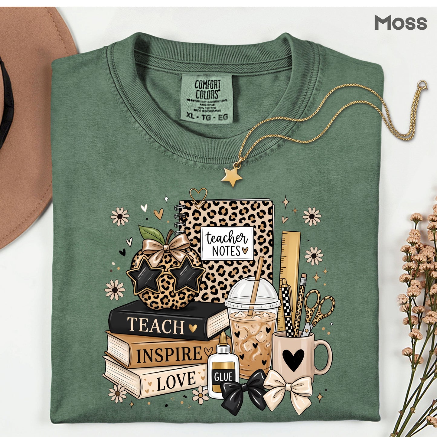 Teach Inspire Love Leopard Teacher T-Shirt, Notebook Coffee Iced Drink Comfort Color Tee