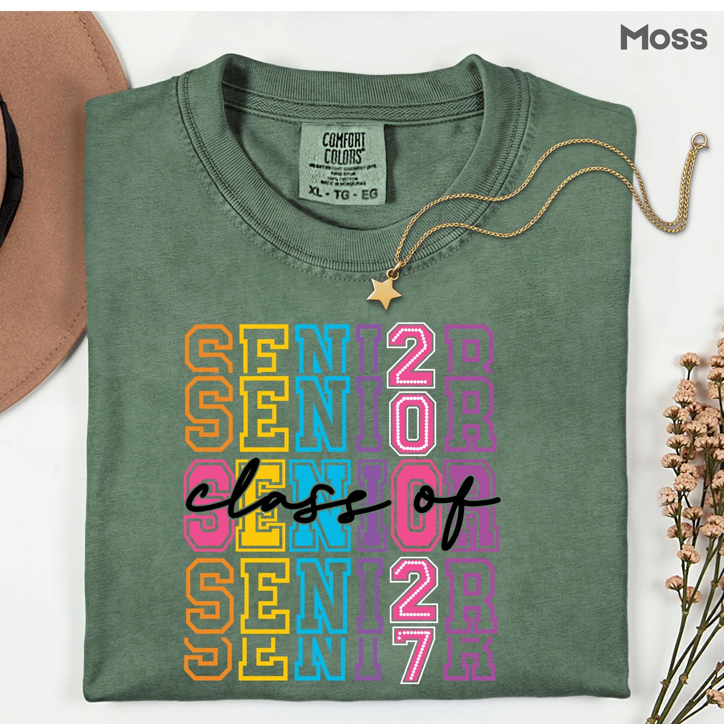 Senior Class of 2027 Colorful Retro T-Shirt, Stacked Varsity Letters Pastel Graduation Tee