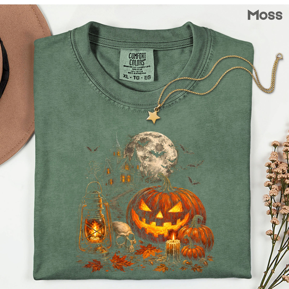 Vintage Haunted House Halloween T-Shirt, Pumpkin Lantern Jack O Lantern Spooky Autumn Tee