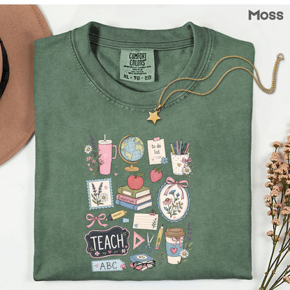 Cute Teacher Supplies Coquette T-Shirt, Books Coffee Globe Pink Bows Back to School Tee