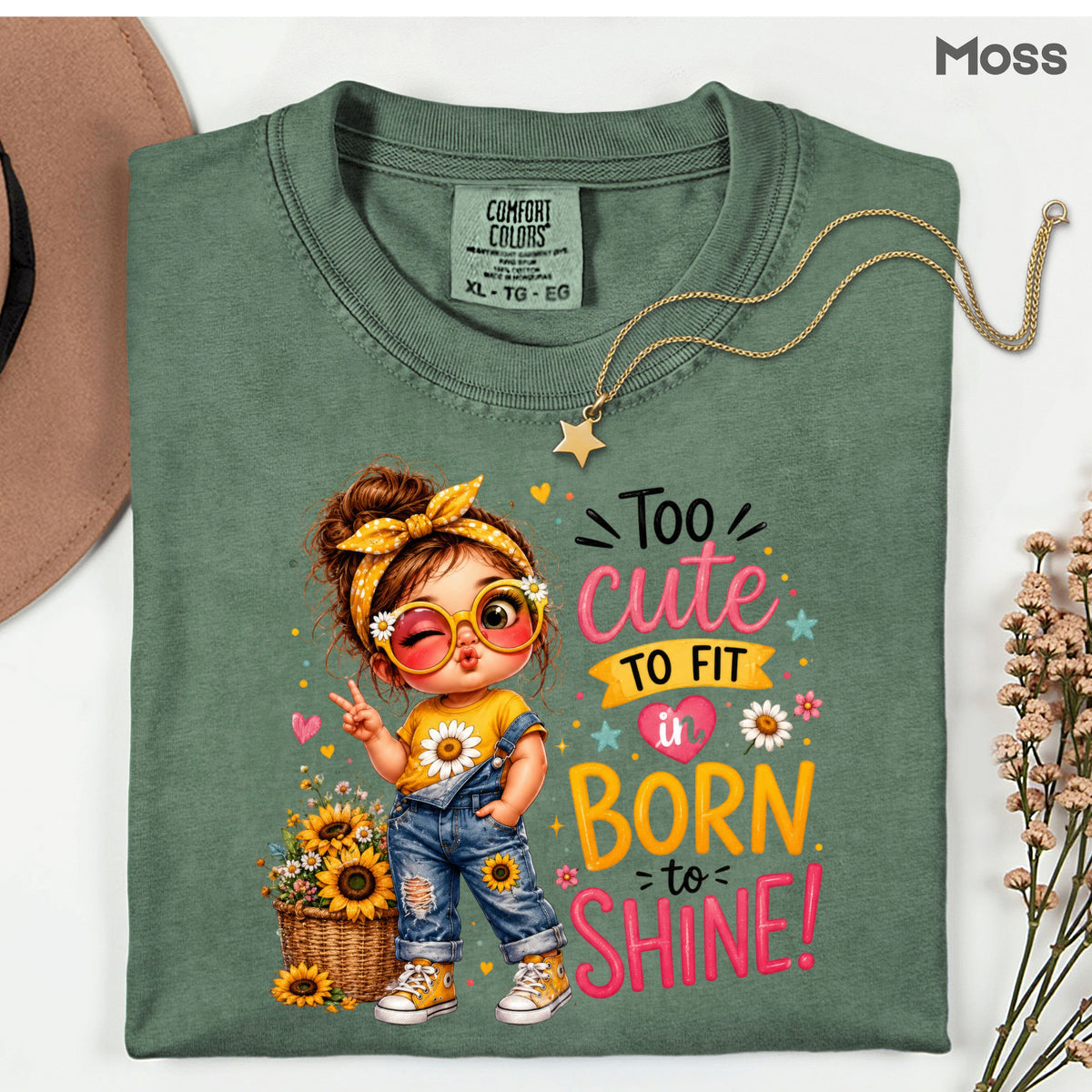 Too Cute to Fit In Born to Shine Little Girl T-Shirt, Sunflower Headband Tee