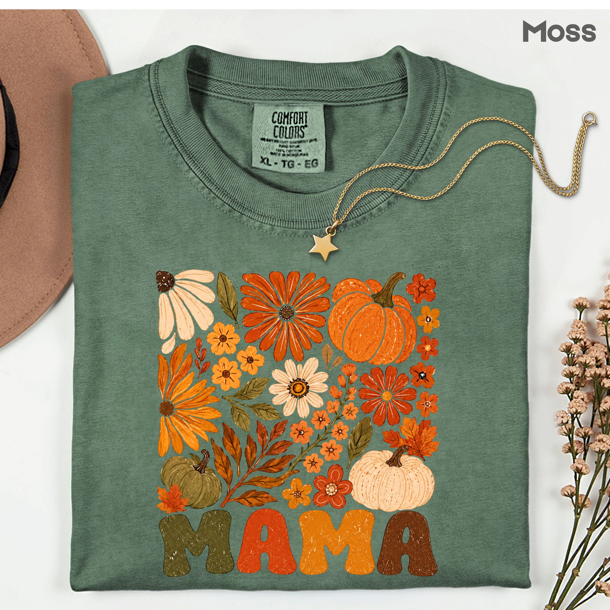 Mama Fall Floral Pumpkins T-Shirt, Retro Groovy Autumn Flowers Thanksgiving Comfort Color Tee