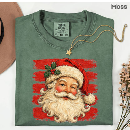 Vintage Winking Santa Christmas T-Shirt, Retro Red Stripes Nostalgic Holiday Comfort Color Tee