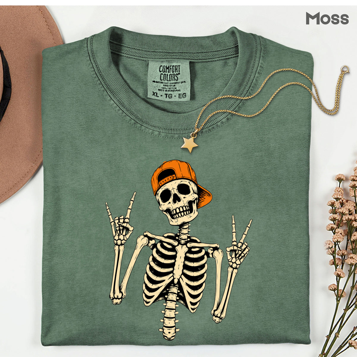 Cool Skeleton Rock On T-Shirt, Peace Sign Halloween Orange Hat Spooky Tee