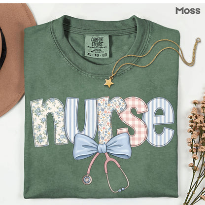 Nurse Coquette Floral Bow T-Shirt, Stethoscope Vintage Patchwork Nurse Tee