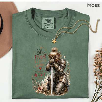 Inspirational Knight Girl She Fought the Battle Within T-Shirt, Female Warrior Sword Armor Tee