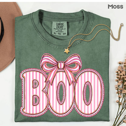 Boo Coquette Pink Bow Halloween T-Shirt, Striped Ribbon Cute Spooky Season Tee
