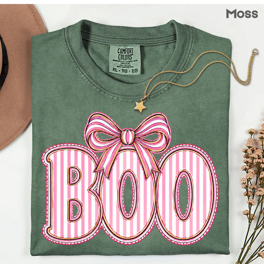 Boo Coquette Pink Bow Halloween T-Shirt, Striped Ribbon Cute Spooky Season Tee
