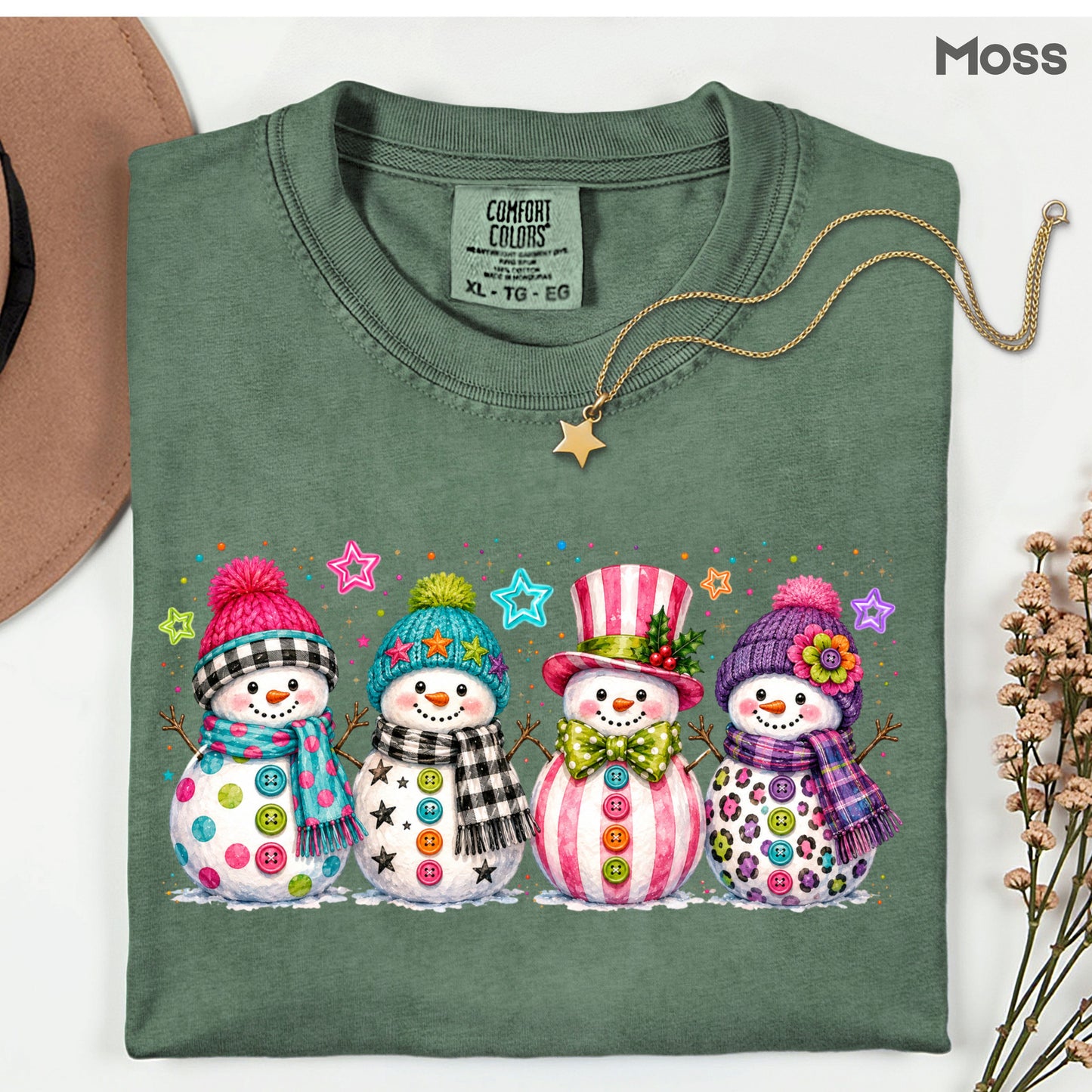 Christmas Colorful Snowmen T-Shirt, Cute Winter Snowman Beanies Scarves Holiday Tee