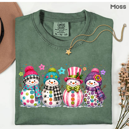 Christmas Colorful Snowmen T-Shirt, Cute Winter Snowman Beanies Scarves Holiday Tee