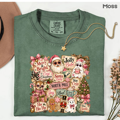 Cozy Pink Christmas Collage T-Shirt, Santa Reindeer Gingerbread Nutcracker North Pole Holiday Tee