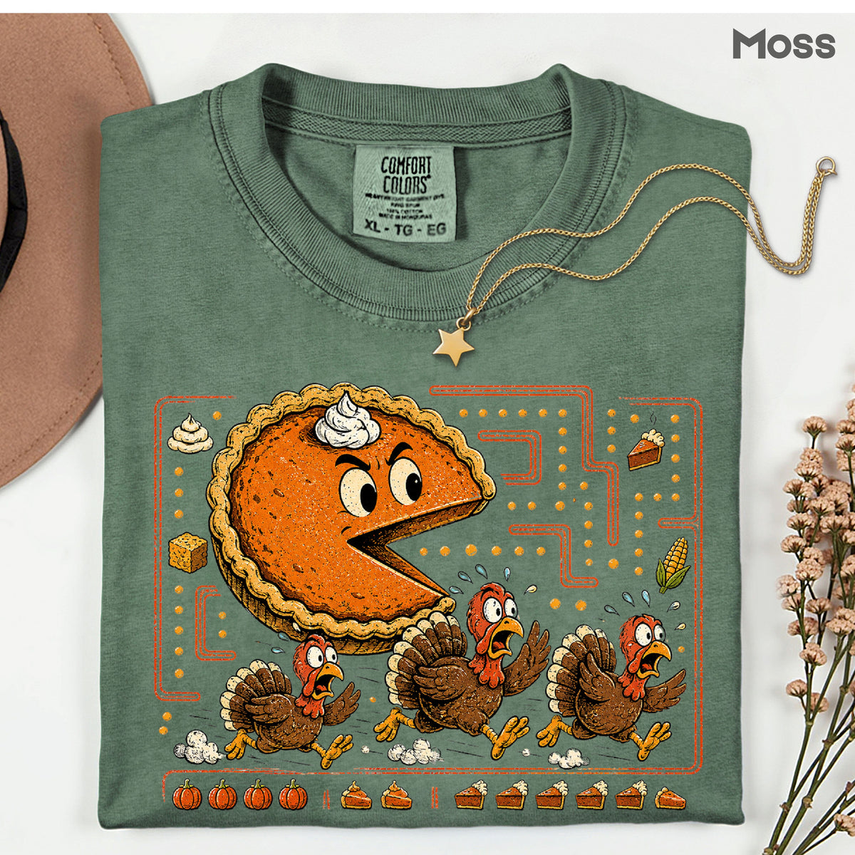 Funny Thanksgiving Pacman Pumpkin Pie T-Shirt, Chasing Turkeys Maze Video Game Tee