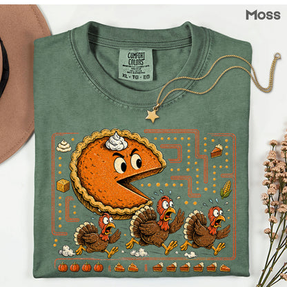 Funny Thanksgiving Pacman Pumpkin Pie T-Shirt, Chasing Turkeys Maze Video Game Tee