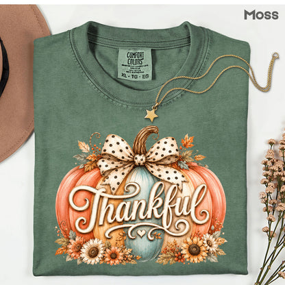 Thankful Comfort Colors T Shirts Pumpkin Cute Thanksgiving Tee Vintage Floral Bow Autumn Leaves Shirt Coquette Fall Graphic Sweatshirt