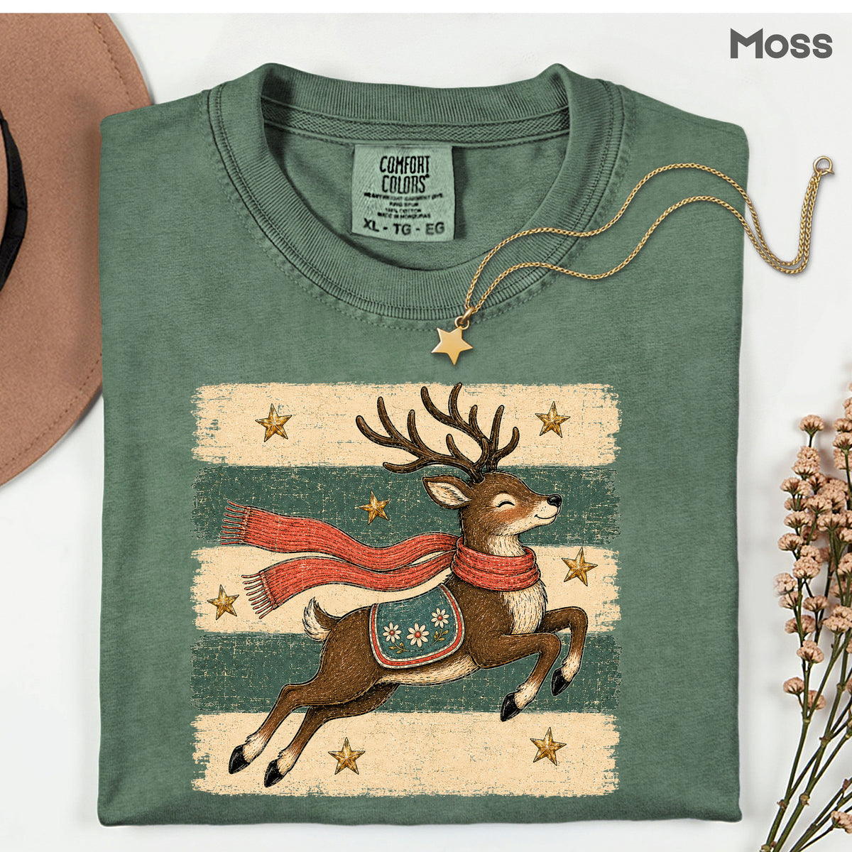 Vintage Christmas Reindeer T-Shirt, Flying Reindeer Scarf Retro Winter Comfort Color Tee