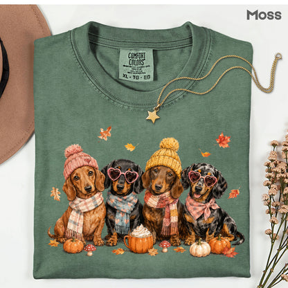 Autumn Dachshunds Comfort Colors T Shirts Cute Fall Wiener Dog Tee Cozy Beanie Scarf Pumpkin Spice Latte Shirt Seasonal Pet Graphic Hoodie