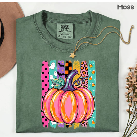 Halloween Pumpkin Brush Strokes Leopard Ghosts Candy Corn T-Shirt, Spooky Season Tee
