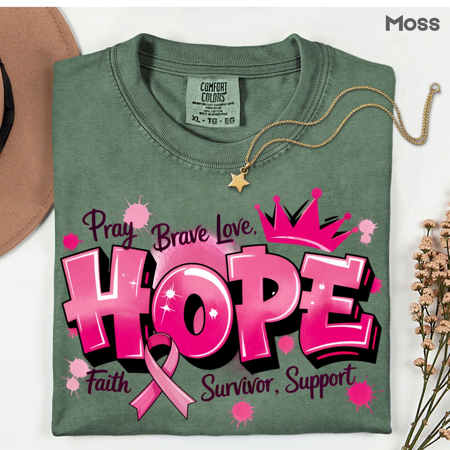 Breast Cancer Hope Pink Ribbon T-Shirt, Survivor Awareness Support Comfort Color Tee