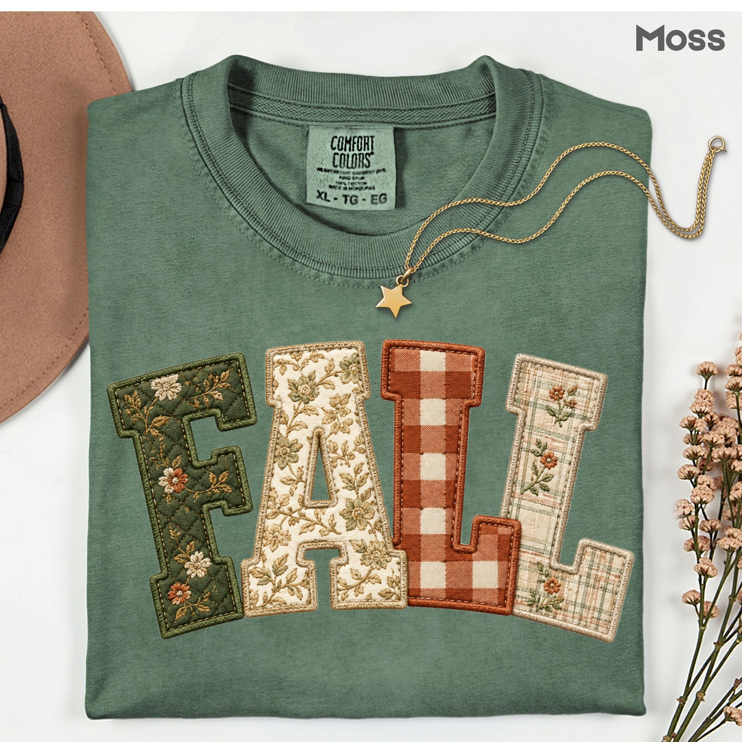 Fall Patchwork Chenille Letters T-Shirt, Quilted Plaid Autumn Thanksgiving Comfort Color Tee