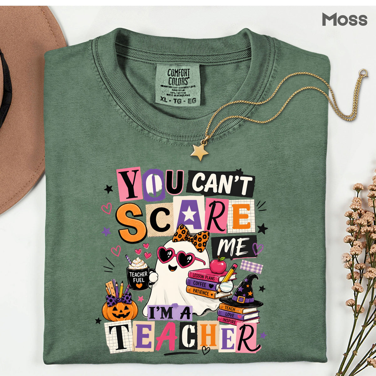 You Can't Scare Me Teacher Halloween T-Shirt, Ghost Books Coffee Comfort Color Tee