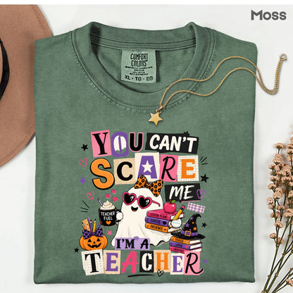 You Can't Scare Me Teacher Halloween T-Shirt, Ghost Books Coffee Comfort Color Tee