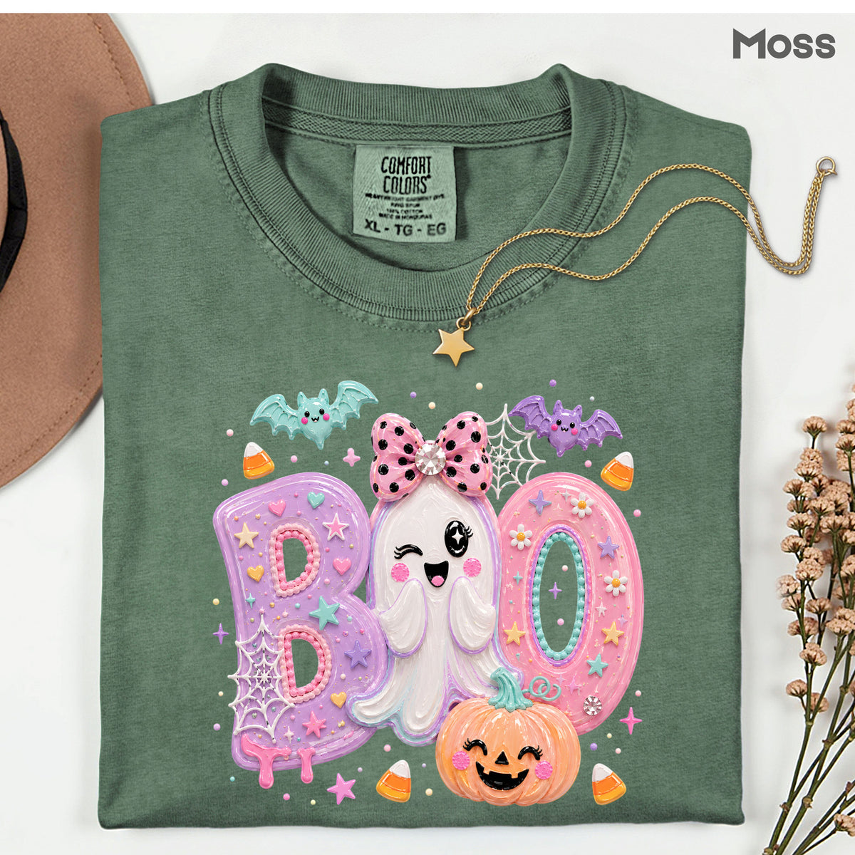 Pastel Cute Ghost Halloween Boo T-Shirt, Pink Purple Bow Pumpkin Candy Corn Girls Tee