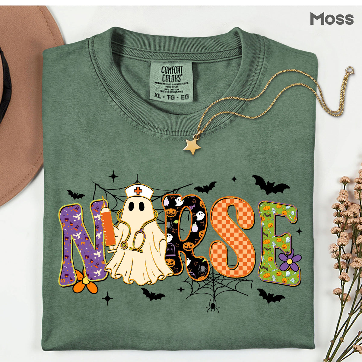 Halloween Nurse Ghost T-Shirt, Spooky Nurse Life Hat Syringe Bats Tee