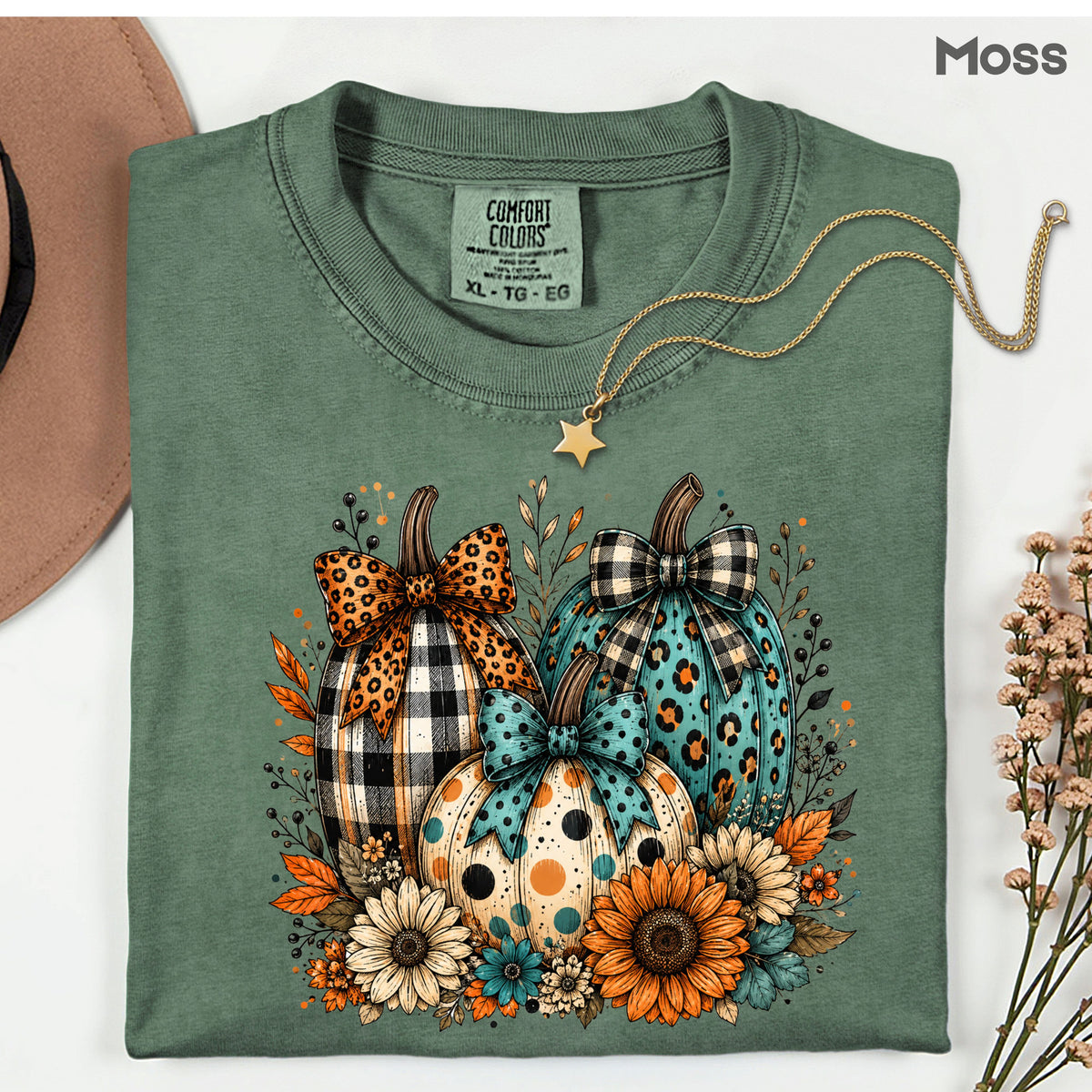 Fall Leopard Plaid Pumpkins T-Shirt, Teal Orange Floral Thanksgiving Tee