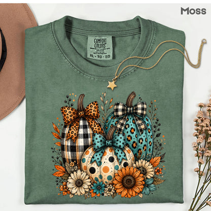 Fall Leopard Plaid Pumpkins T-Shirt, Teal Orange Floral Thanksgiving Tee