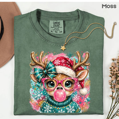 Christmas Reindeer Pink Glasses T-Shirt, Bubblegum Deer Santa Hat Cute Comfort Color Tee