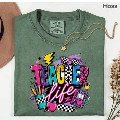 Retro Neon Teacher Life T-Shirt, Colorful Doodle Graffiti Checkerboard Sunglasses Back to School Tee