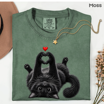 Black Cat Heart Hands T-Shirt, Cute Kitty Kitten Lover Heart Paws Love Tee
