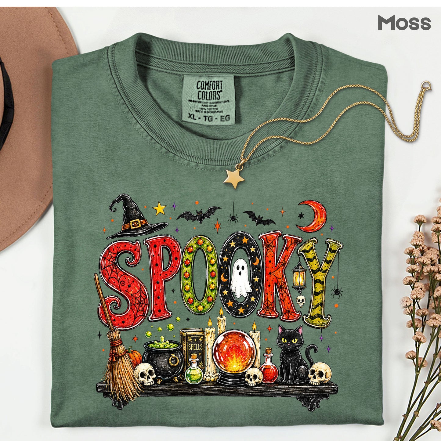 Halloween Witch Shelf Black Cat T-Shirt, Crystal Ball Cauldron Potion Skull Spooky Tee