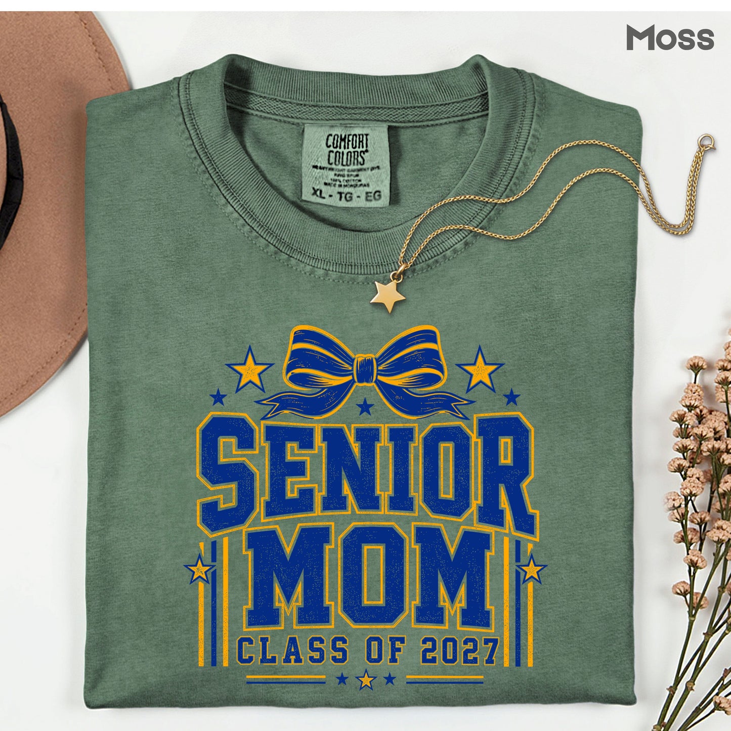 Senior Mom 2027 Royal Blue Yellow Cheer Bow T-Shirt, Varsity Graduation Mother Tee