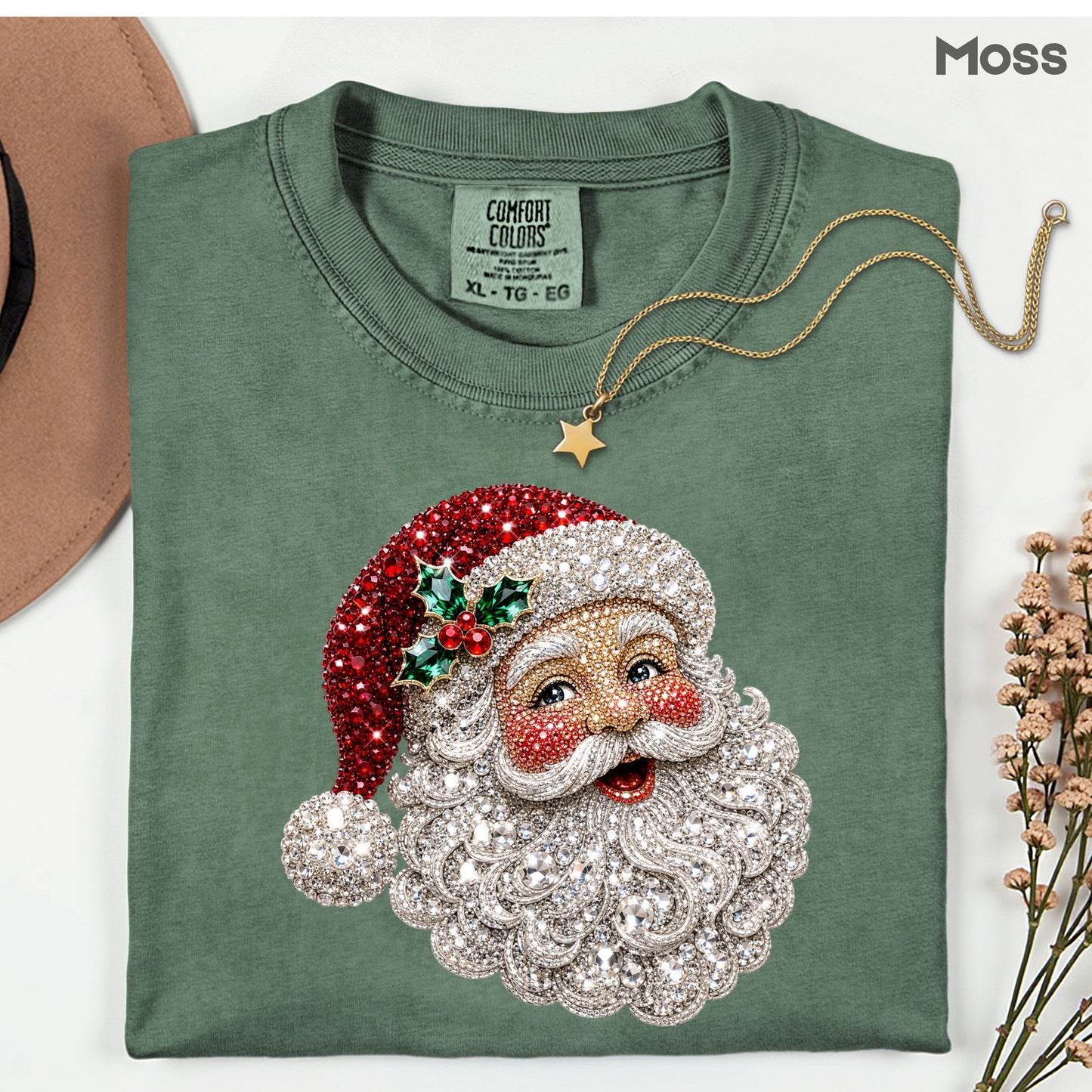 Christmas Santa Claus Vintage T-Shirt, Bejeweled Rhinestone Santa Head Festive Holiday Tee