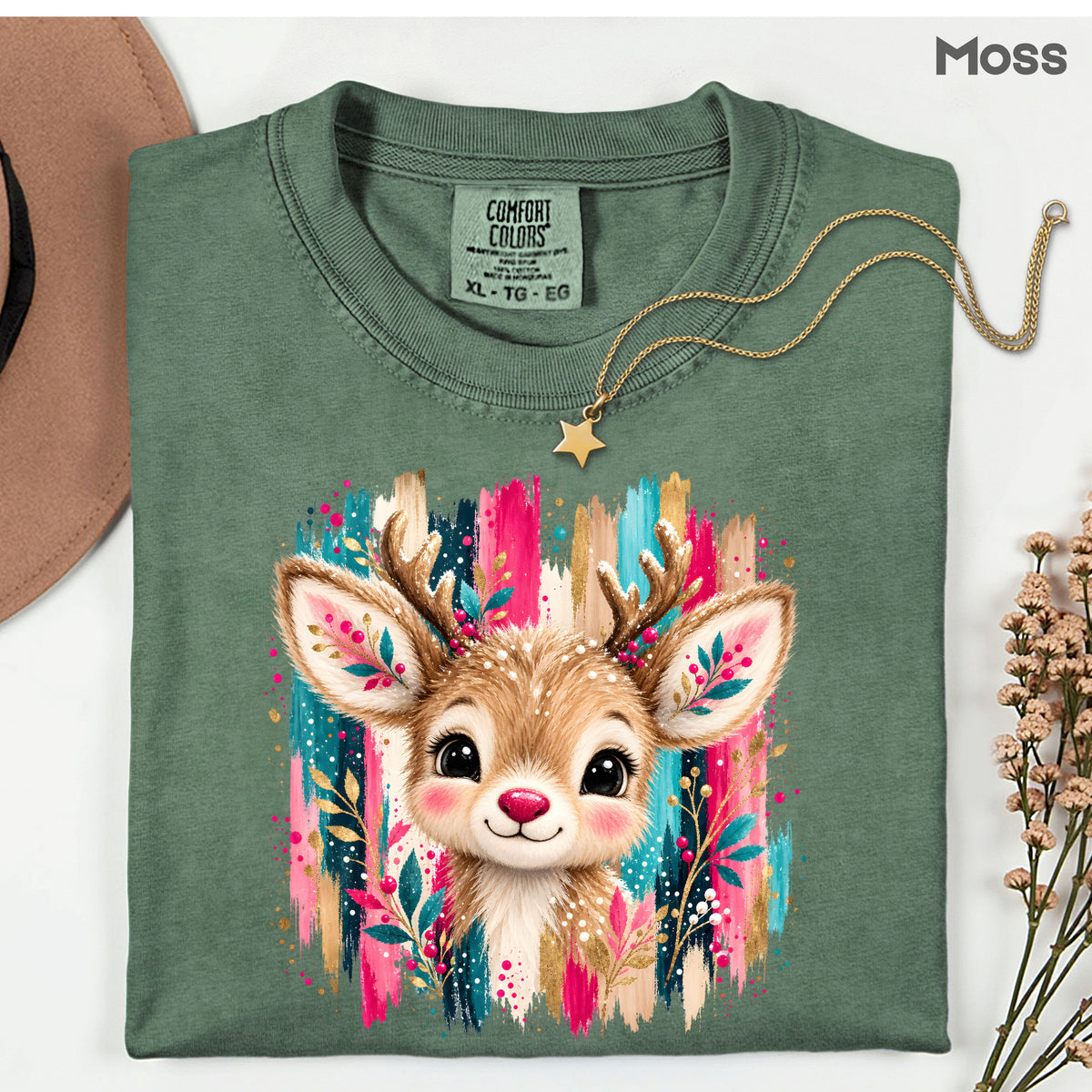 Cute Christmas Reindeer Floral Antlers T-Shirt, Pink Teal Gold Holiday Tee