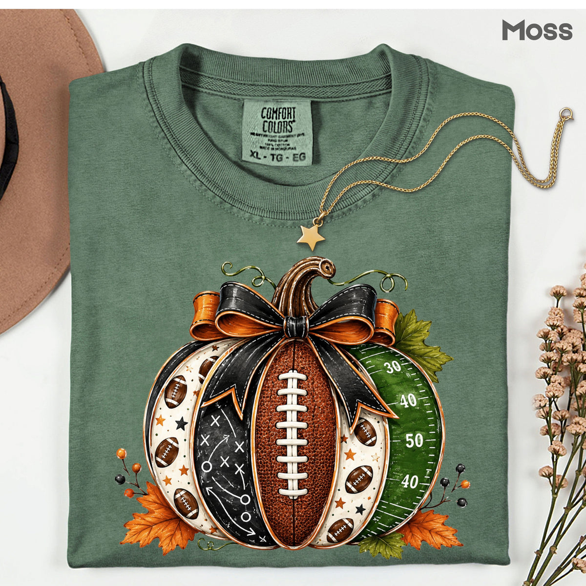 Football Pumpkin Bow Fall T-Shirt, Game Day Football Field Patchwork Autumn Tee