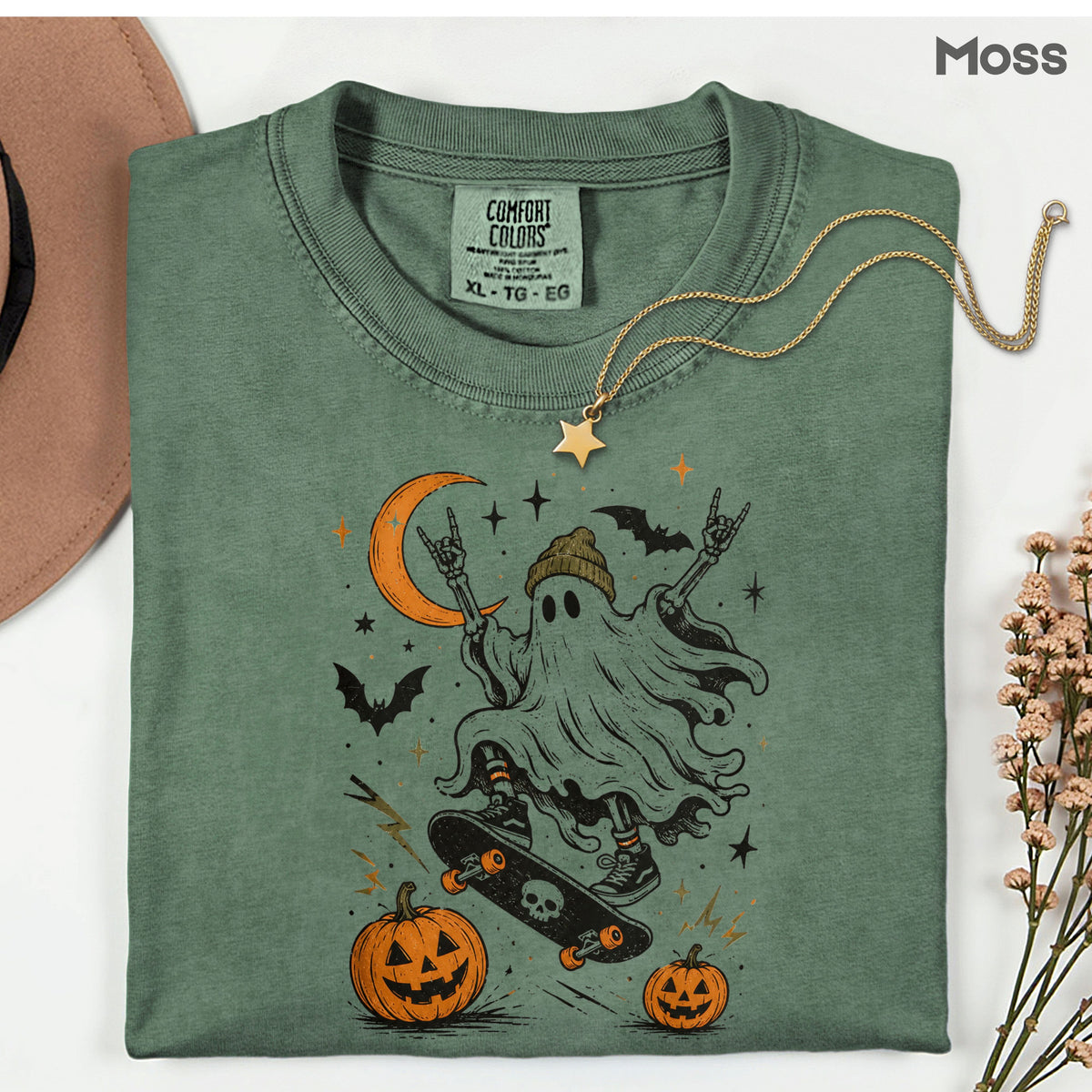 Halloween Skater Ghost Rock On T-Shirt, Skateboarding Skeleton Crescent Moon Pumpkins Bats Tee