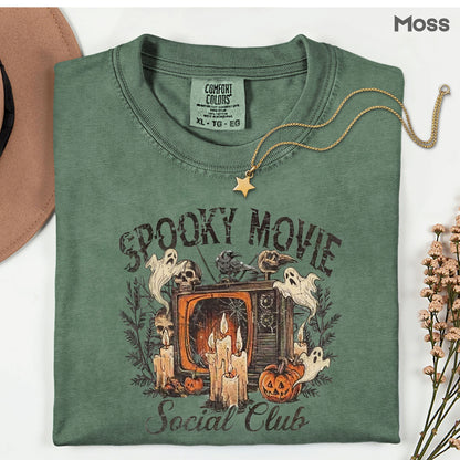 Spooky Movie Social Club Vintage Horror T-Shirt, Ghosts Pumpkin Candles Halloween Tee