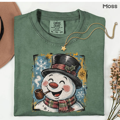 Vintage Snowman Christmas T-Shirt, Top Hat Pipe Snowflakes Scarf Comfort Color Tee