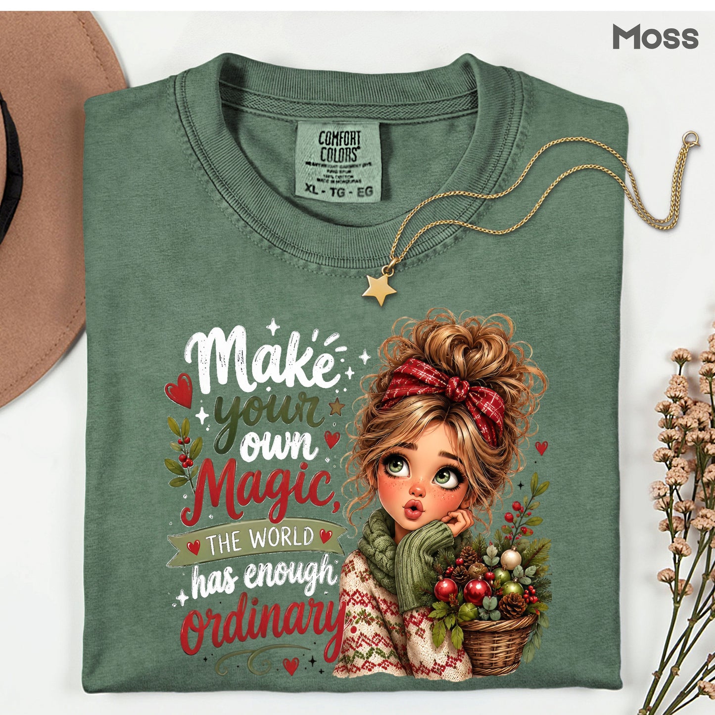Make Your Own Magic Christmas Messy Bun Girl T-Shirt, Festive Holiday Quote Comfort Color Tee