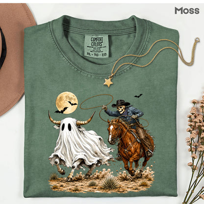 Halloween Skeleton Cowboy Ghost T-Shirt, Western Rodeo Bull Lasso Spooky Tee