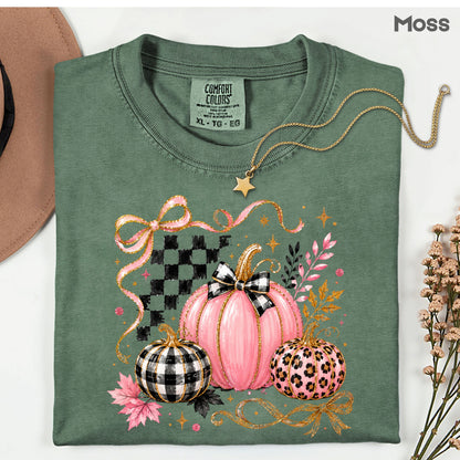 Pink Coquette Fall Pumpkin T-Shirt, Leopard Plaid Ribbon Bow Checkered Autumn Tee