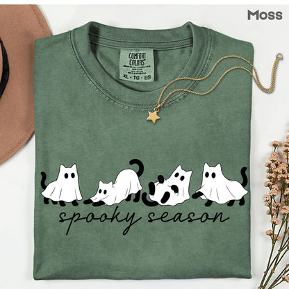 Spooky Season Ghost Cats Halloween T-Shirt, Black Cats Ghost Line Art Minimalist Tee