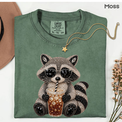 Cool Raccoon Iced Coffee T-Shirt, Sunglasses Trash Panda Rhinestone Tee Sweatshirt