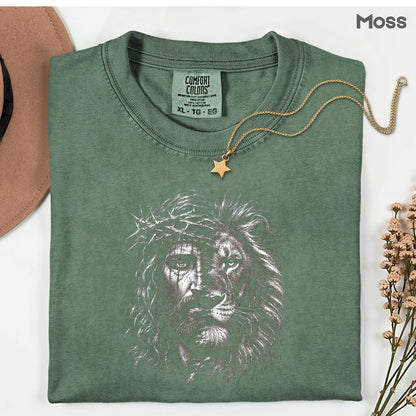 Lion and Jesus Christian Faith T-Shirt, Lion of Judah Crown of Thorns Sketch Tee