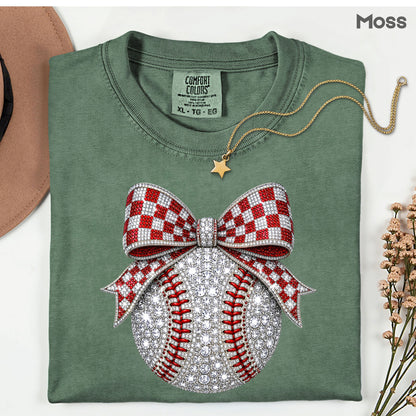 Coquette Baseball Sparkle T-Shirt, Red Checkered Bow Sports Mom Girl Tee