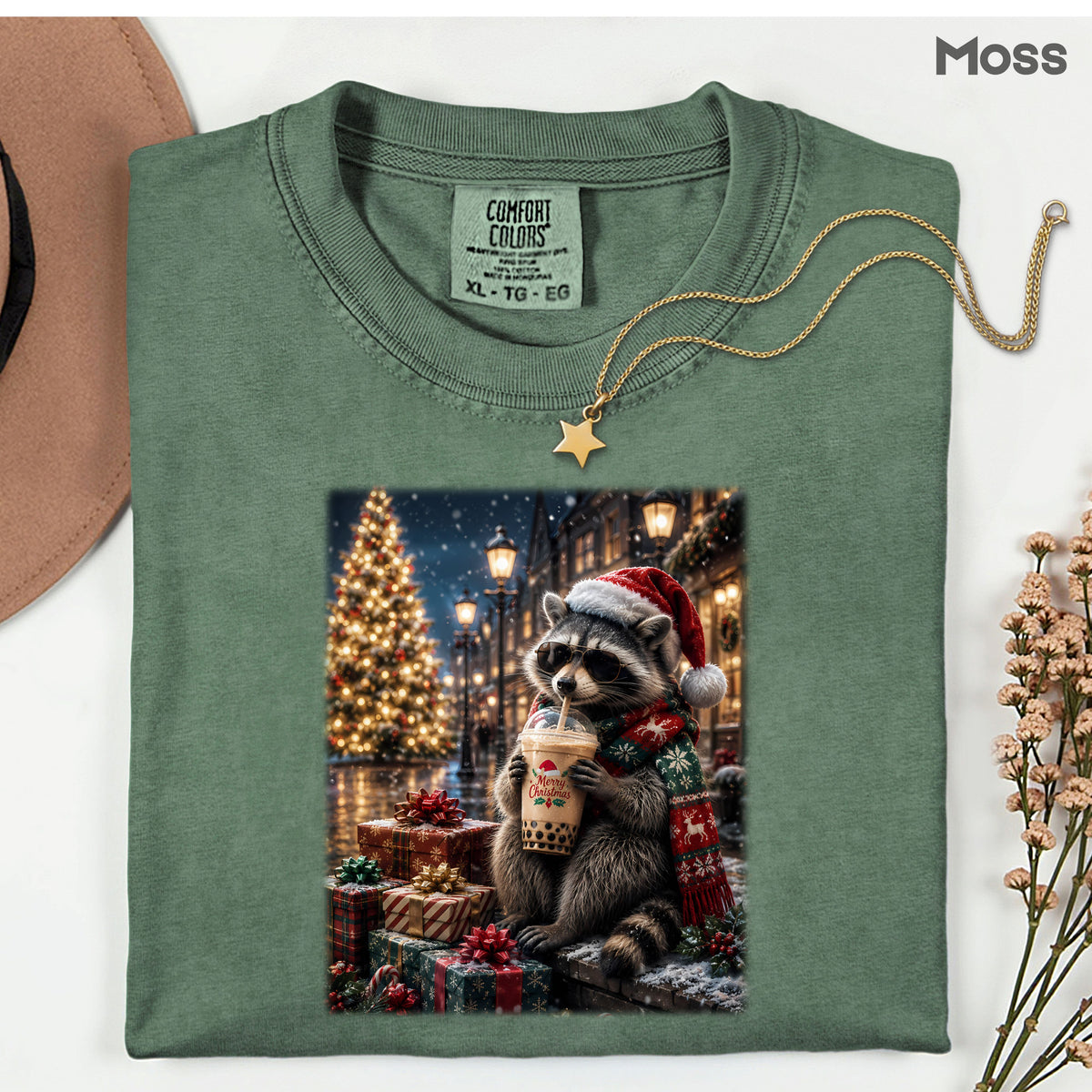 Christmas Raccoon Santa Hat T-Shirt, Coffee Drink Cute Holiday Winter Comfort Color Tee